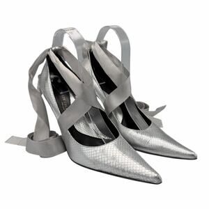 Kenneth Cole Metallic Silver Snakeskin Embossed Satin Ribbon Tie Pointed Pumps